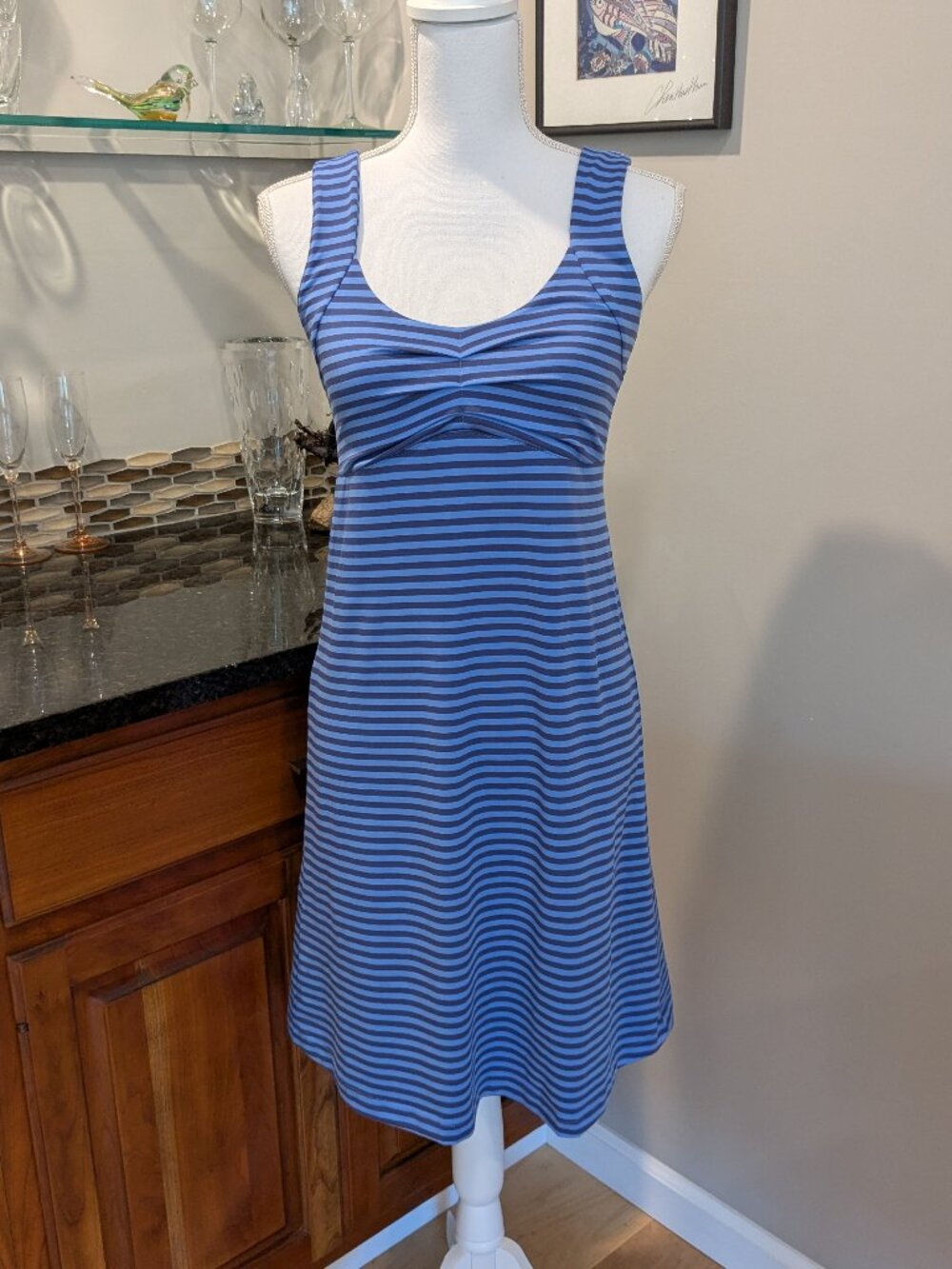 Amazing Cobalt Blue Stripe Empire Waist Stretch Fitness Athleisure Dress